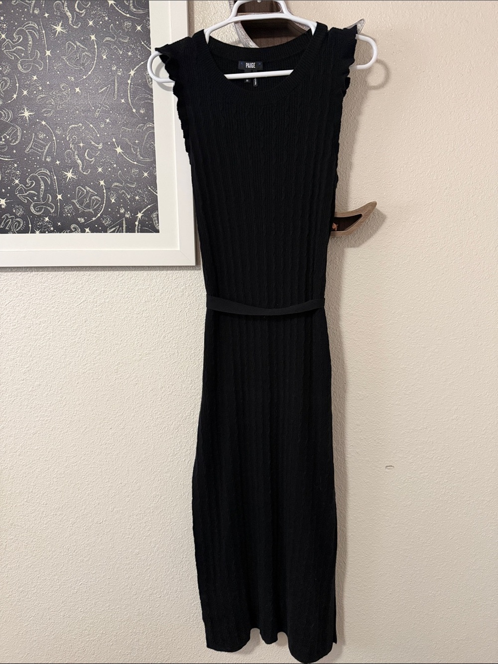 PAIGE Black Ribbed Maxi Dress with Ruffle Shoulders